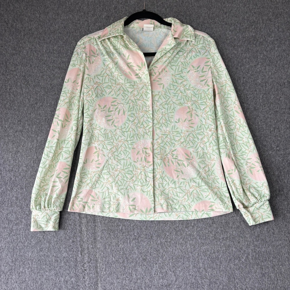 Vintage 70s Nikki Women Green Pink Botanical Floral Button Up Blouse Size‎ 10